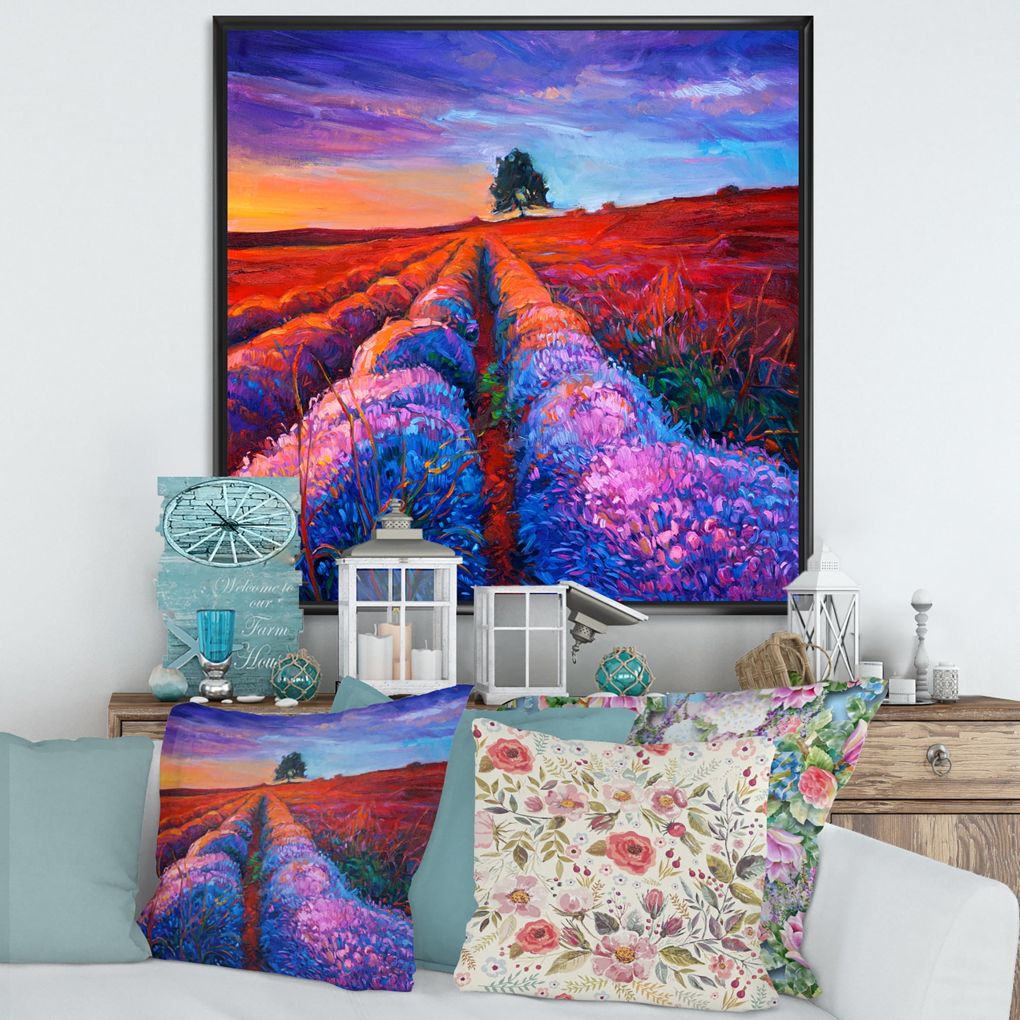 Lavender Fields With Distant Tree & Sunset Glow 16 in x 16 in Framed Painting Canvas Art Print, by Designart