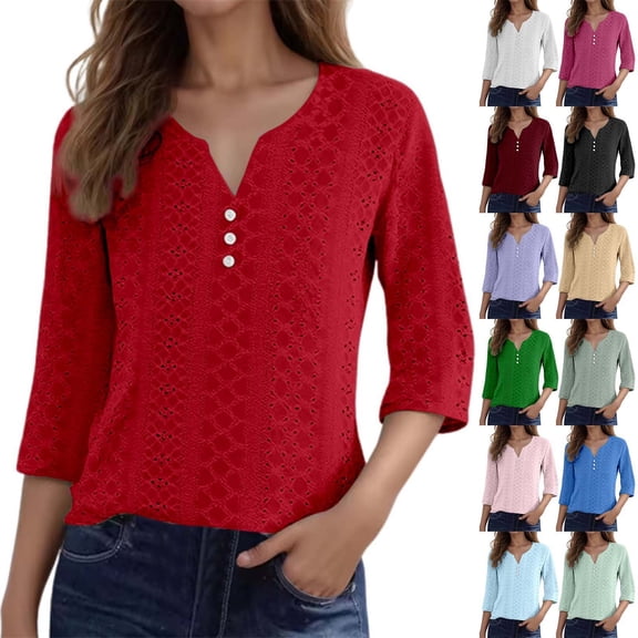 Womens 3/4 Sleeve Tops Ladies Fashion Casual Jacquard Top Blouse Basic Tees L