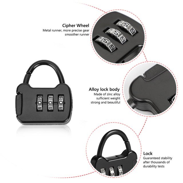 Candado de contraseña de combinación de código de 3 dígitos de zinc Mini candado para estuche de transporte (negro)