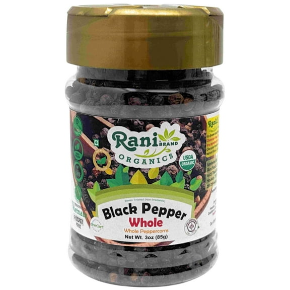 Rani Organic Black Pepper Whole (Peppercorns), Premium MG-1 Grade 3oz (85g) PET Jar ~ All Natural | Gluten Friendly | Non-GMO | USDA Certified Organic | Kosher | Product of Vietnam
