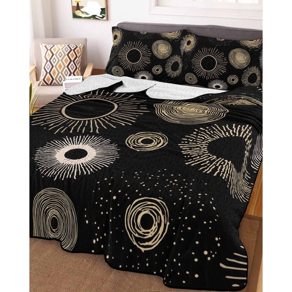 Geometric Black King Size Down Alternative Comforter, Lightweight Comforter Quilt Bedding Set with Pillow Shams Abstract Goldeb White Boho Circle Dot All Seasons Bed Comforter Duvet Insert 96"x106"