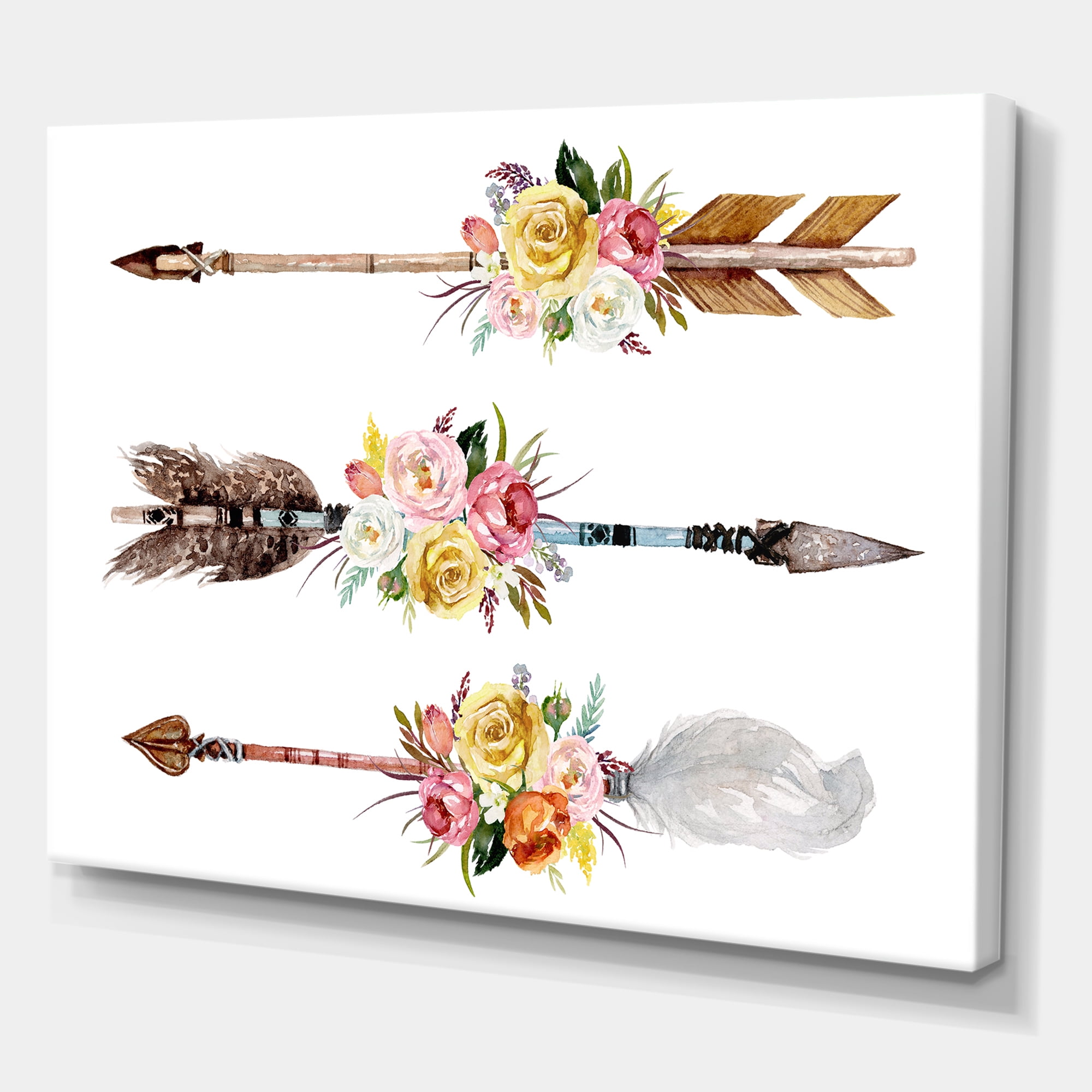 Designart ' Flowers and Ethnic Feathers On Native Arrows II ' Bohemian & Eclectic Canvas Wall Art Print