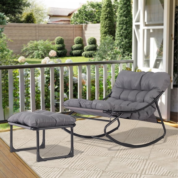 UBesGoo Patio Rocking Chair with Ottoman, Metal Rocker Seating with Soft Cushion for Outdoor and Indoor, Gray