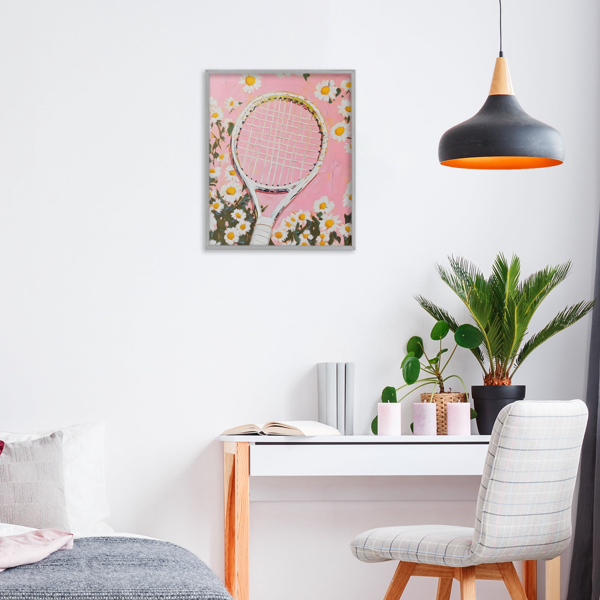 Stupell Industries Pink Tennis Racket & Daisies Gray Framed Giclee Art, design by LSR Design Studio