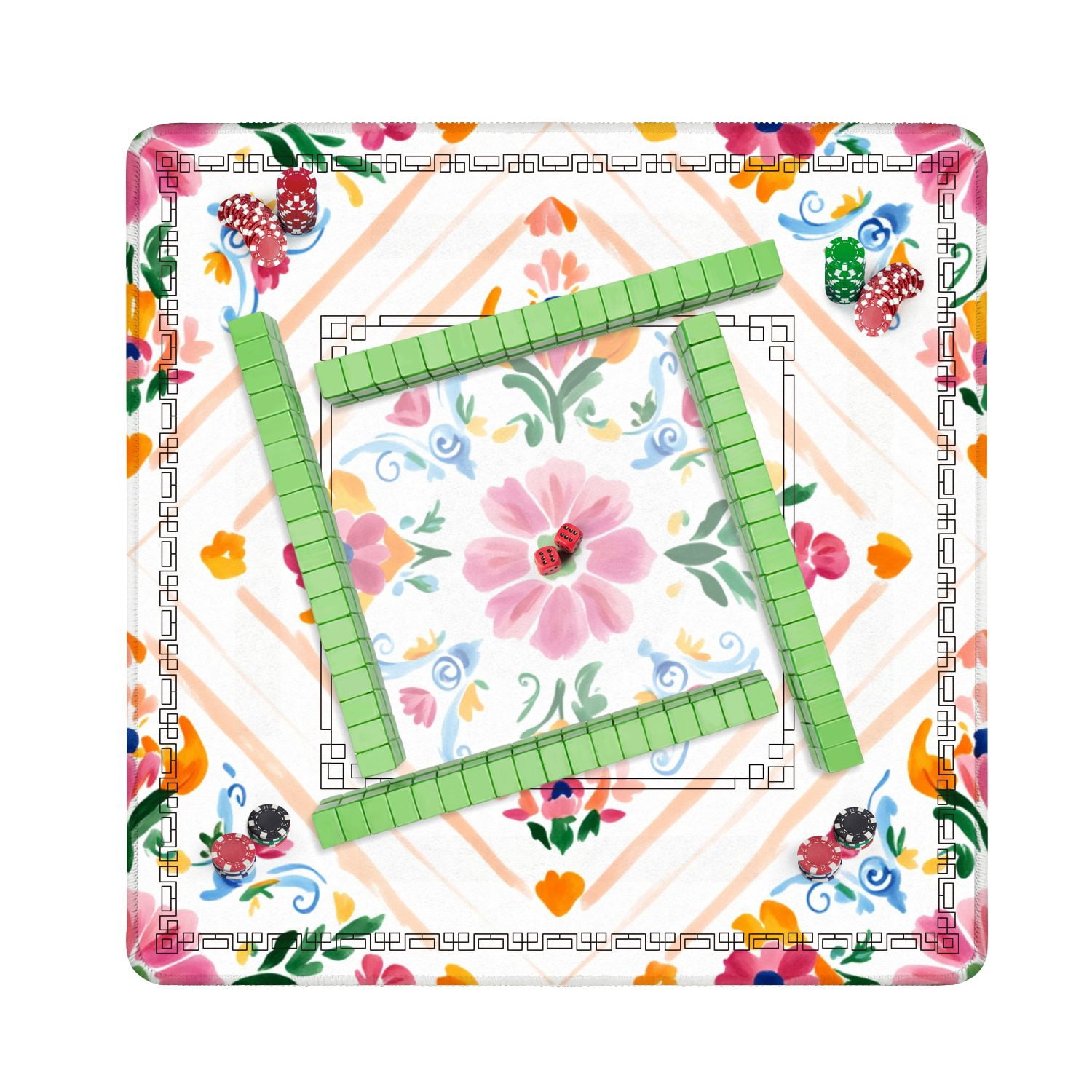 Mahjong Mat 31.5" x 31.5" Colorful Hand Painted Floral Pink Orange Blue Flowers Non-Slip Noise Reduction American Mahjong Tiles Table Cover for Dominoes Poker Card Board Games Gift
