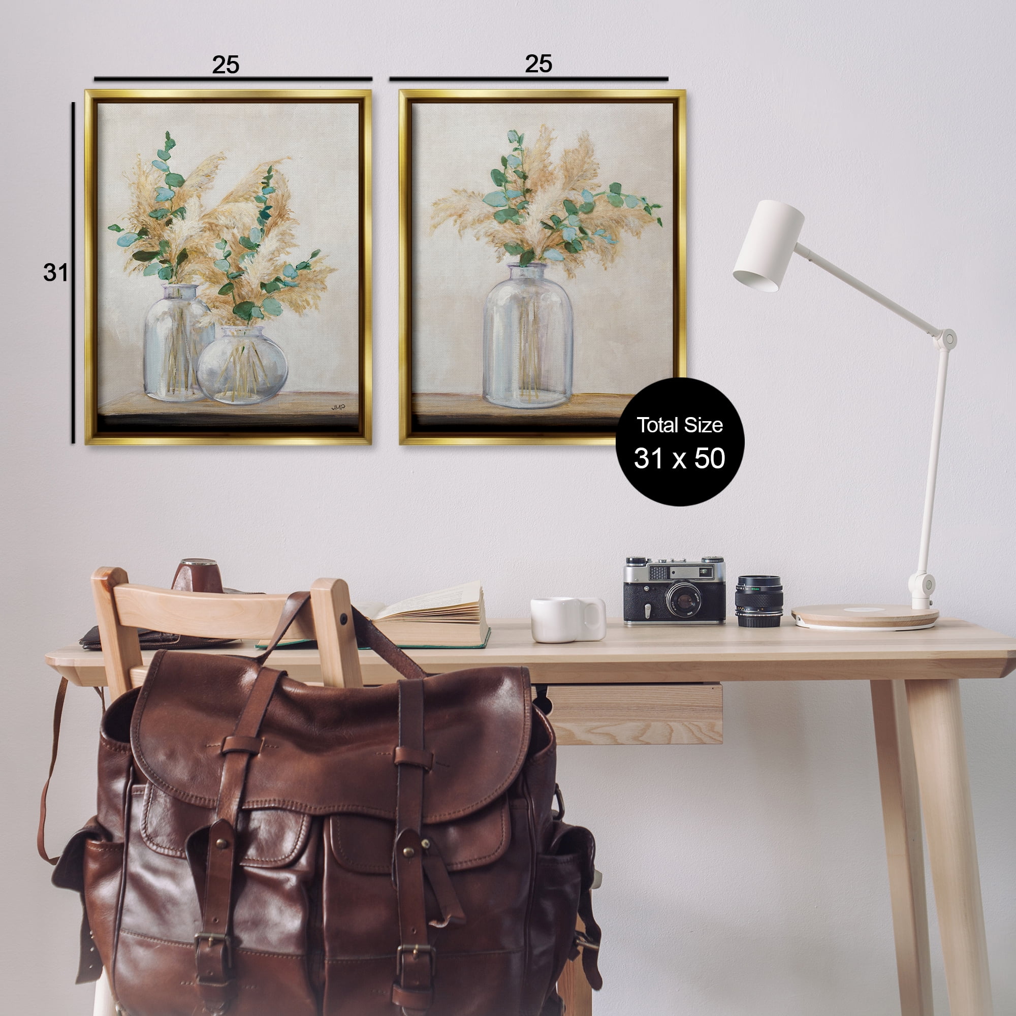 Stupell Industries Pampas Eucalyptus Bouquet Plants & Flowers Painting Gold Floater Framed Canvas Art Print Wall Art, 31 x 25, Set of 2