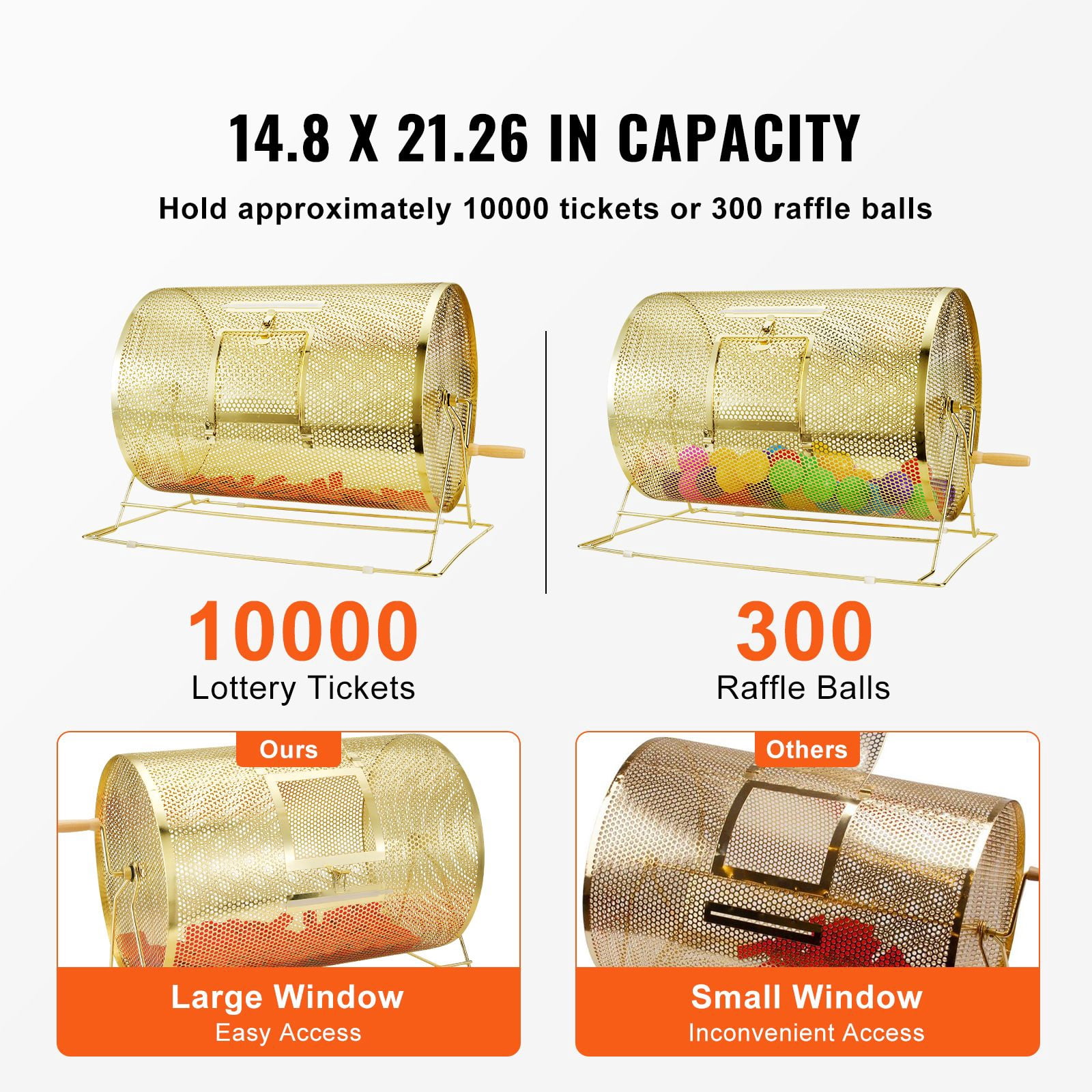 Raffle Drum, Holds 10000 Tickets or 300 Ping Pong Balls, Metal Lottery Spinning Drawing with Wooden Turning Handle, 14.8 x Ø21.26 inch Brass Plated Raffle Ticket Spinning Cage, for Bingo Ballot