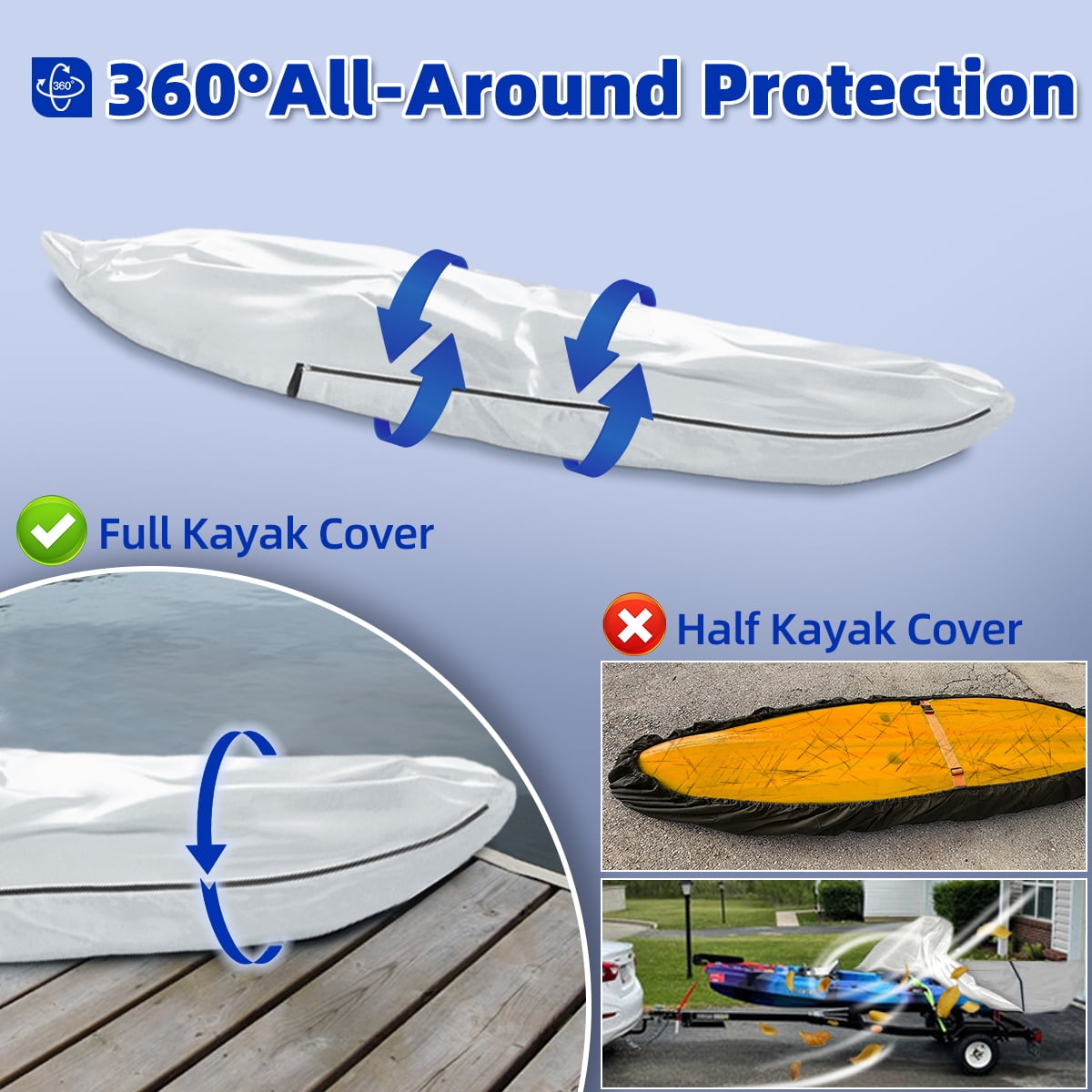 Seapisode UPF 50+ Kayak Cover, Waterproof Boat Cover for Fishing Boat/Kayak/Canoe, 420D Paddleboard Cover, Canoe Covers for Outdoor Storage Fit 12ft Kayak, Silver