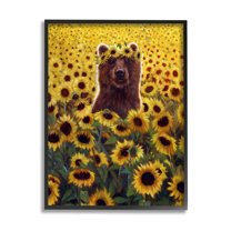 Happy Bear Sunflower Field Animals & Insects Painting Black Framed Art Print Wall Art