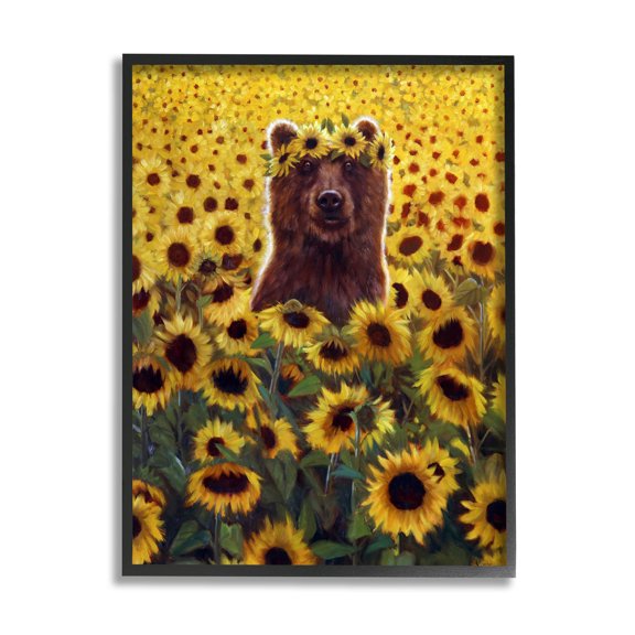 Happy Bear Sunflower Field Animals & Insects Painting Black Framed Art Print Wall Art