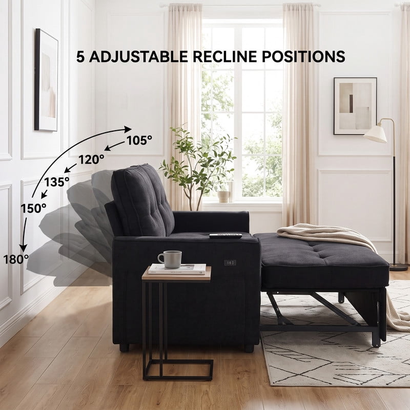 Gewnee 53” Sofa Bed, 3 in 1 Convertible Loveseat Sleeper Sofa, Pull Out Couch with USB Port, Futon Sofa Bed with Storage Pockets for Small Spaces, Teddy Fabric,Black