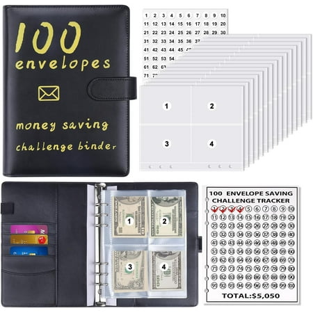 QSHQ 100 Envelopes Money Savings Challenges Book,Storage Budgeting Binder Budget Book Cash Saving Challenge Box kit with Pouches,Family Emergency Binder (Black)