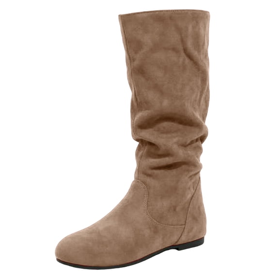 YLYL Women's Slouchy Knee High Boots Round Toe Side Zipper Low Heel Pull on Fall Winter Flat Boots