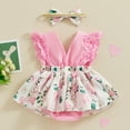 thumbnail image 3 of Bagilaanoe Newborn Easter Outfits Baby Girl Rompers Dress Floral Print Fly Sleeve Bodysuits + Headband 3M 6M 12M 18M Infant Patchwork A-line Dresses, 3 of 7