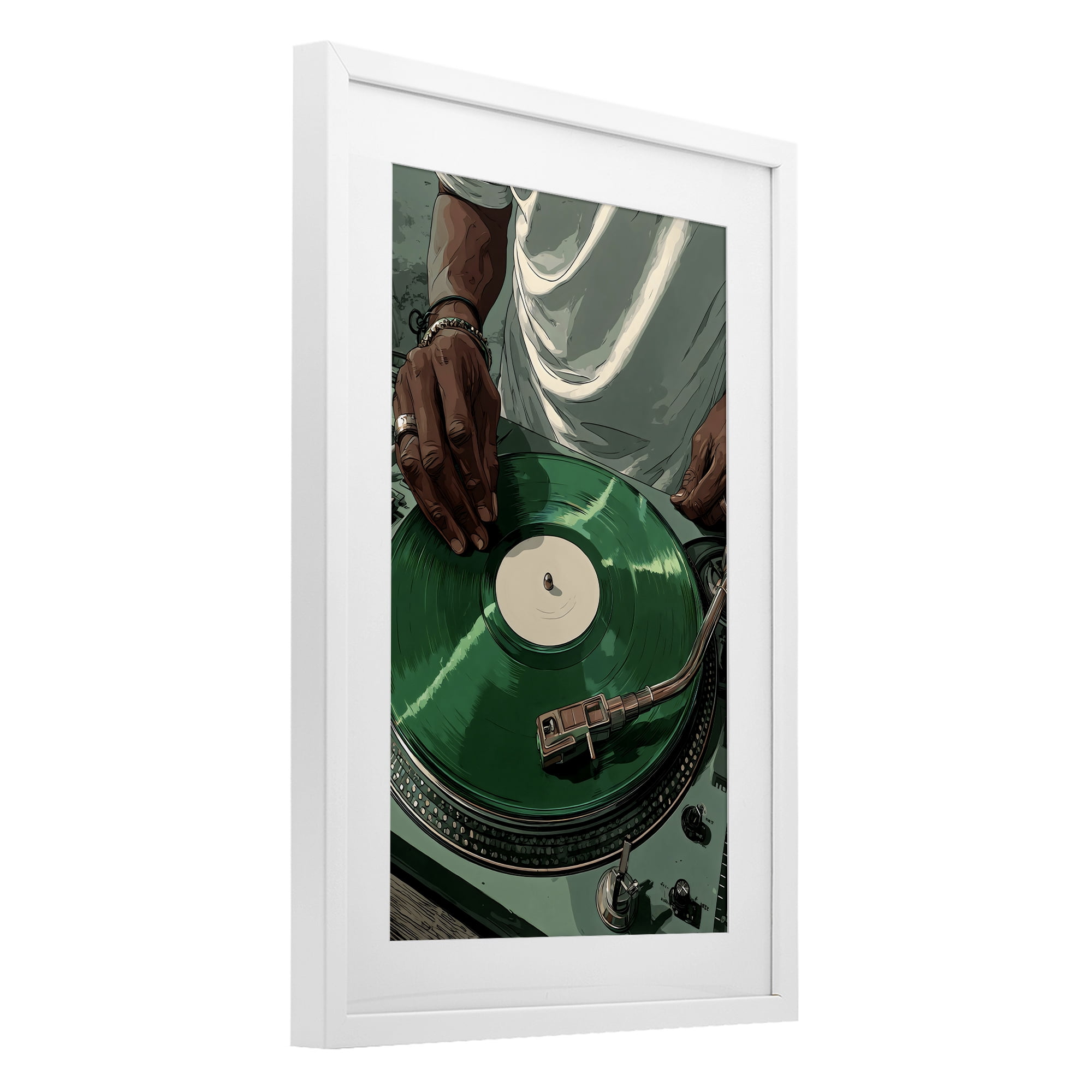 Stupell Industries DJ Spinning Green Record White Framed Print Under Glass, design by Franklyn Gregory