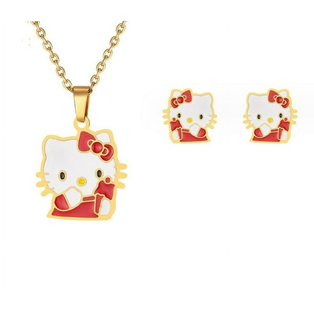 Collar con colgante de gato chapado en oro, conjunto de joyas con pendiente de tuerca, joyería de acero inoxidable de Hello Kitty al por mayor