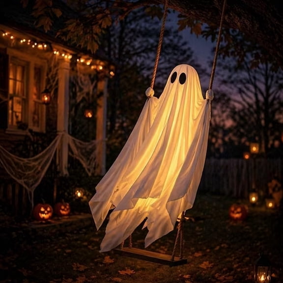 Clearance! Light Up Swing Hanging Ghost Halloween Outdoor Decorations, Remote Control Lighting Soft Fabric Glowing Ghost Ornament, Spooky Prop For Tree Branch Porch Patio Yard Halloween Party Decor