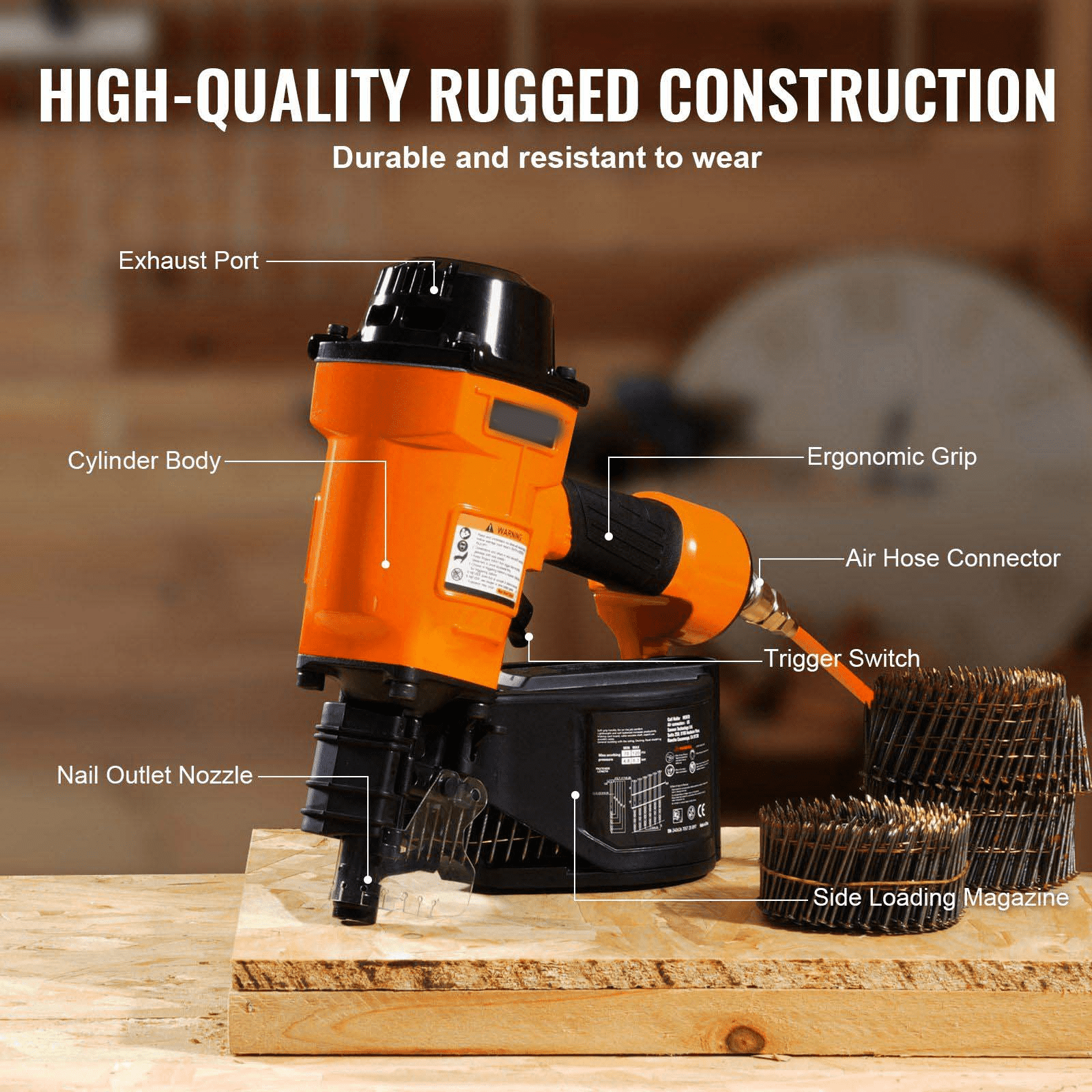 MCN70 Coil Siding Nailer - 15 Degree Pneumatic Nail Gun for Wood Pallets, Fencing, Sheathing - 1-3/4 to 2-3/4 Inch Coil Nails