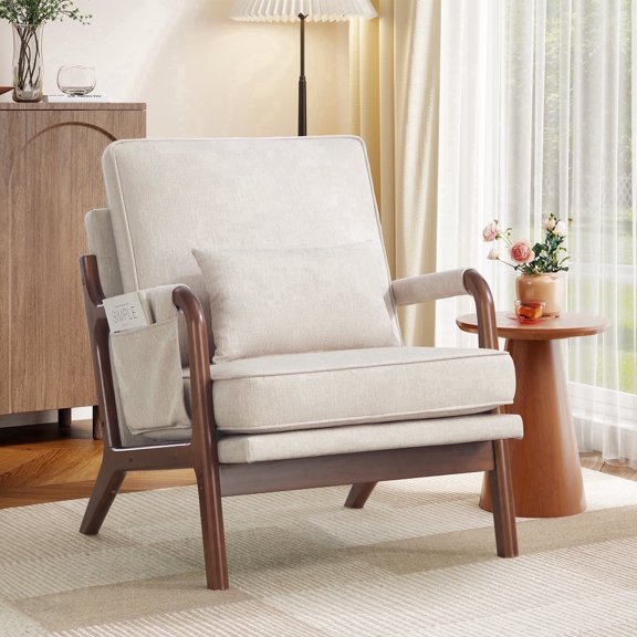 Bonzy Home Mid-Century Modern Accent Chair, Upholstered Lounge Reading Armchair with Side Storage Pocket & Lumbar Cushion, Comfy Fabric Chair for Living Room Bedroom, White
