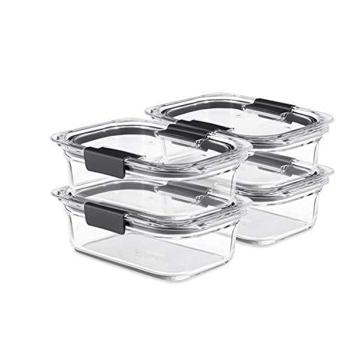 rubbermaid brilliance glass storage 3.2-cup food containers with lids, 4-pack (8 pieces total), bpa free and leak proof, medium, clear