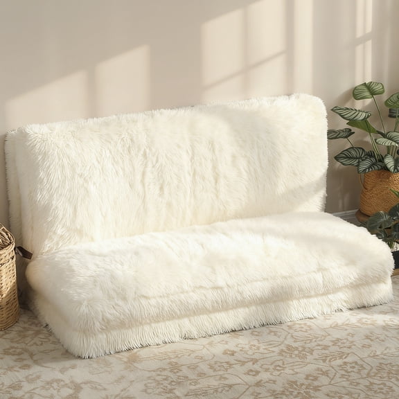 HOMCOM Contemporary Bean Bag Floor Sofa Bed, Plush Wide Folding Floor Mattress, Foam Filling Wall Couch Sleeper, Cream White