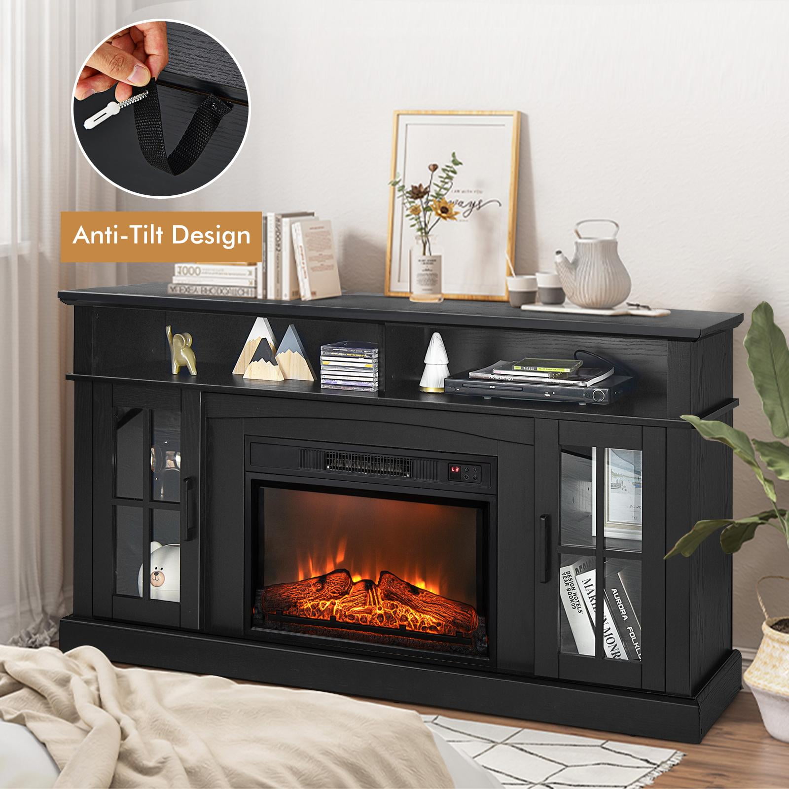 Giantex 58 inch TV Stand w Electric Fireplace TV Entertainment Center w Fireplace Insert Black