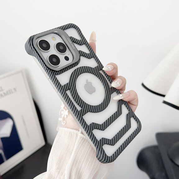 Frameless Magnetic Case for iPhone 14 Pro Max with Stand [Compatible with Mag-Safe] [ Lens Kickstand] Rugged PC Carbon Fiber Texture Heat Dissipation Slim Shockproof Phone Cover, Gray