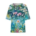 thumbnail image 3 of Plus Size Linen T Shirts Womens Floral/Dots Printed Crewneck Loose Graphic Tees 3/4 Sleeve Summer Fall Tops S-5XL (S, Blue), 3 of 5