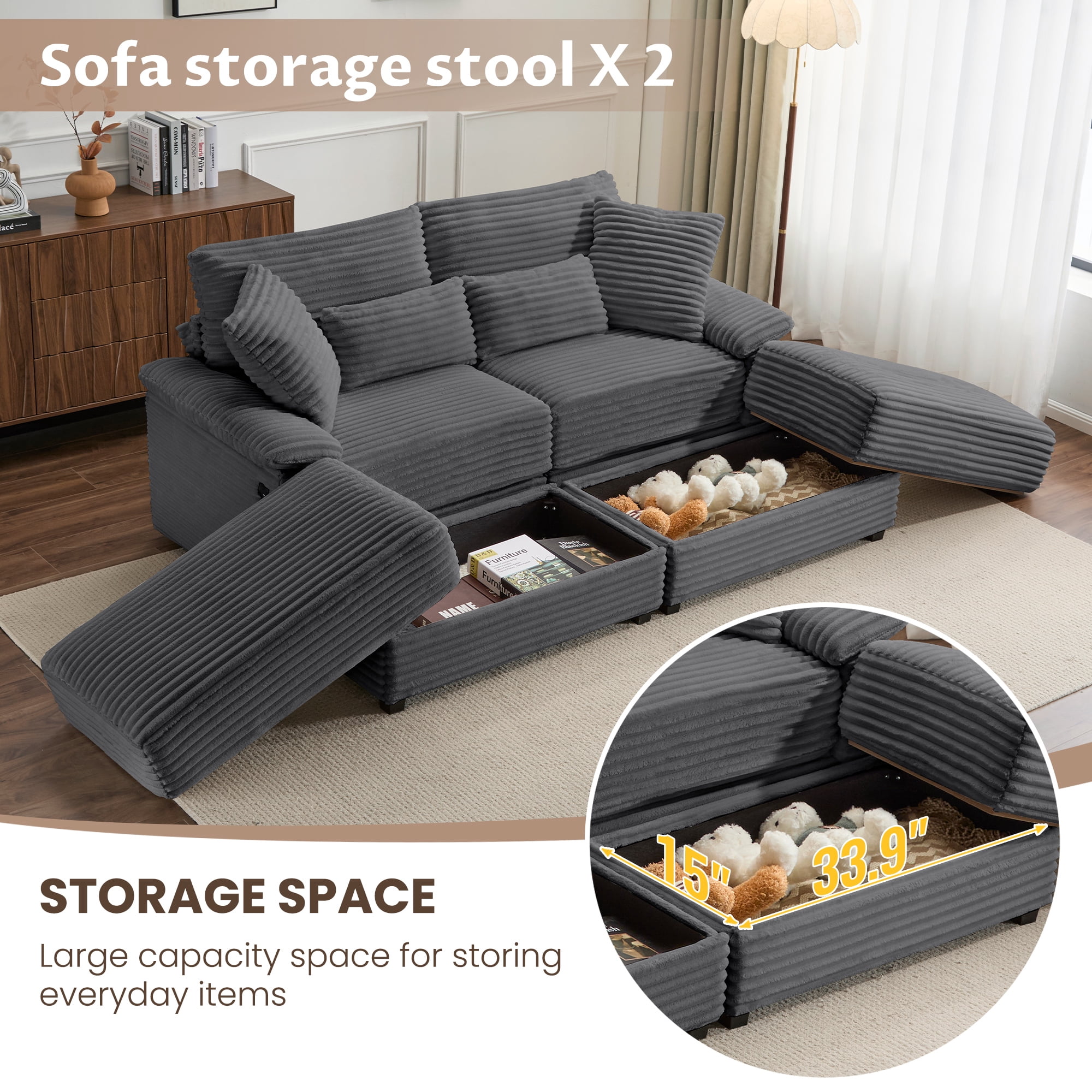 Alvantor 74" Sofa Loveseat with Reversible Ottoman & USB Port Corduroy Chaise Couch for Living Room Drak Gray