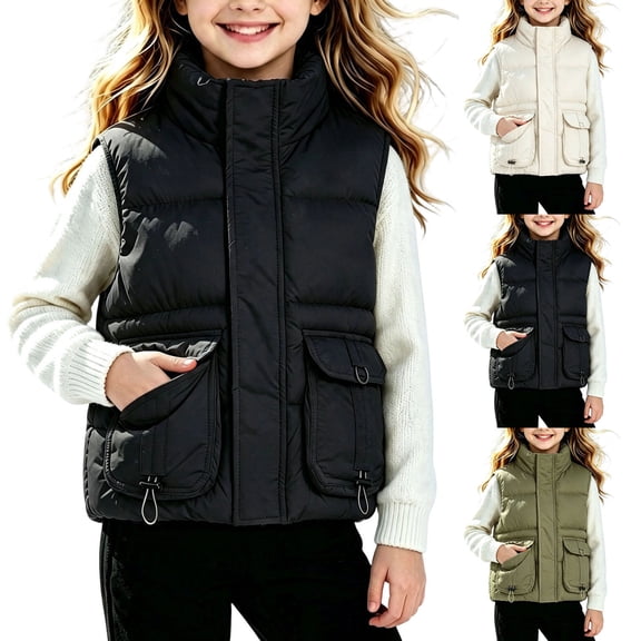 Spazoro Girls Puffer Vest with Multi-Pockets, Solid Color Full Zip Stand Collar Warm Lightweight Sleeveless Quilted Gilet Black Size 7-8