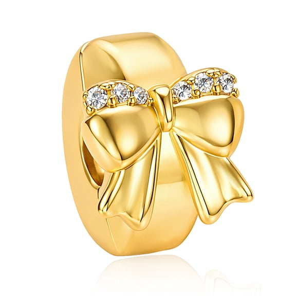 S925 Sterling Silver Bowknot Clip Lock Charm Spacer Bead with Sparkling Cubic Zirconia Fits Women Charm Bracelets