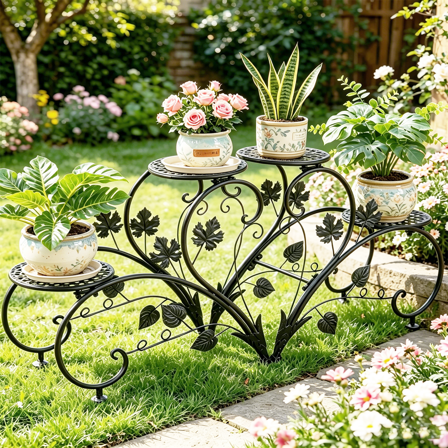 Wisfor Wrought Iron Garden Porch Plant Stand, Heart Shaped 2 Set