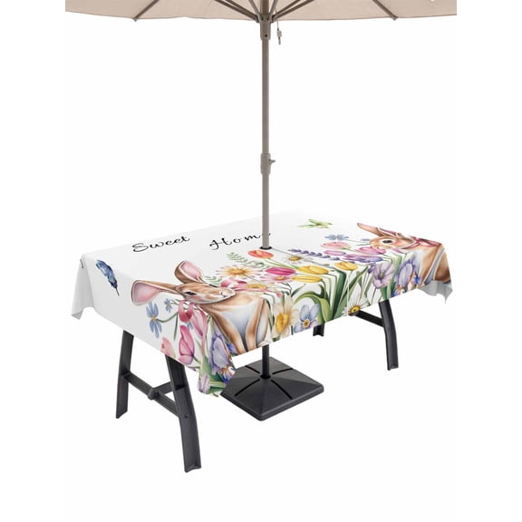 Outdoor Tablecloth with Umbrella Hole and Zipper, Easter Rectangle Table Cloth 60x102 Inch Waterproof Tablecloth, Spring Watercolor Tulip Butterfly Flower Plant Picnic Table Cover for Patio Camping