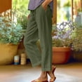 thumbnail image 3 of Womens Plus Size Pants Linen Capris for Women, Casual Loose Drawstring Elastic Waist Cropped Trousers, New Summer Beach Wide Leg Ankle Length Pants with Pockets Green M, 3 of 9