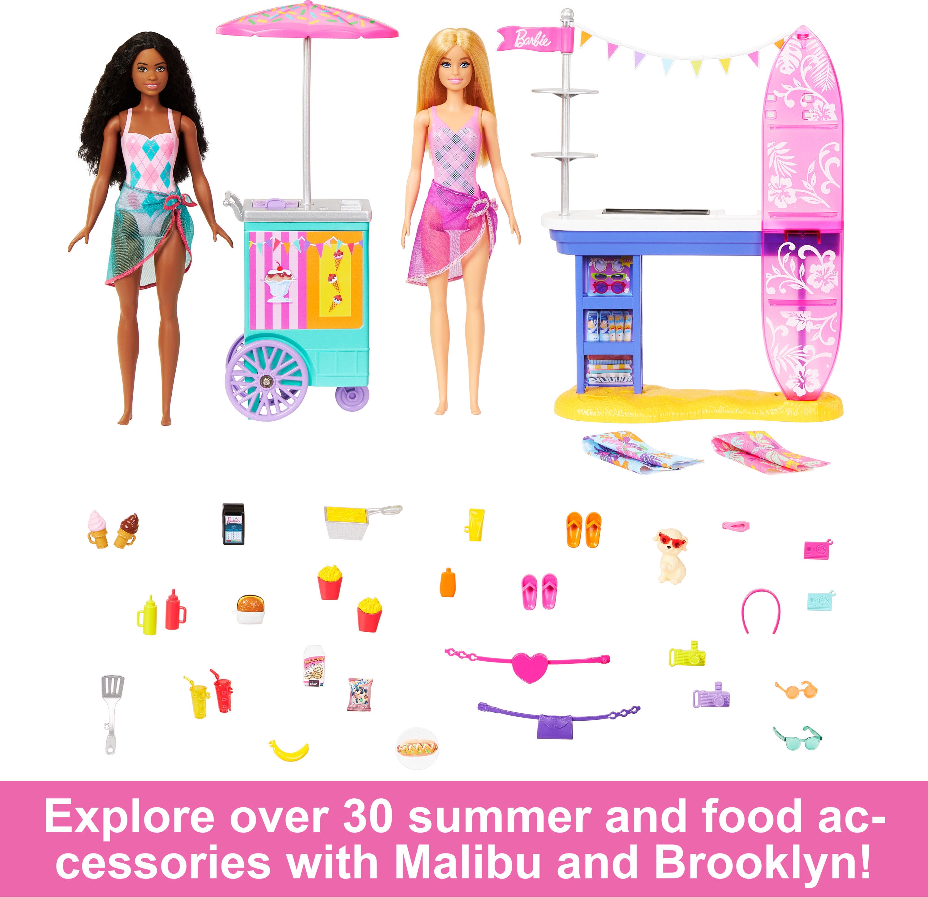 Barbie Beach Boardwalk Playset with Barbie “Brooklyn” & “Malibu” Dolls, 2 Stands & 30+ Accessories