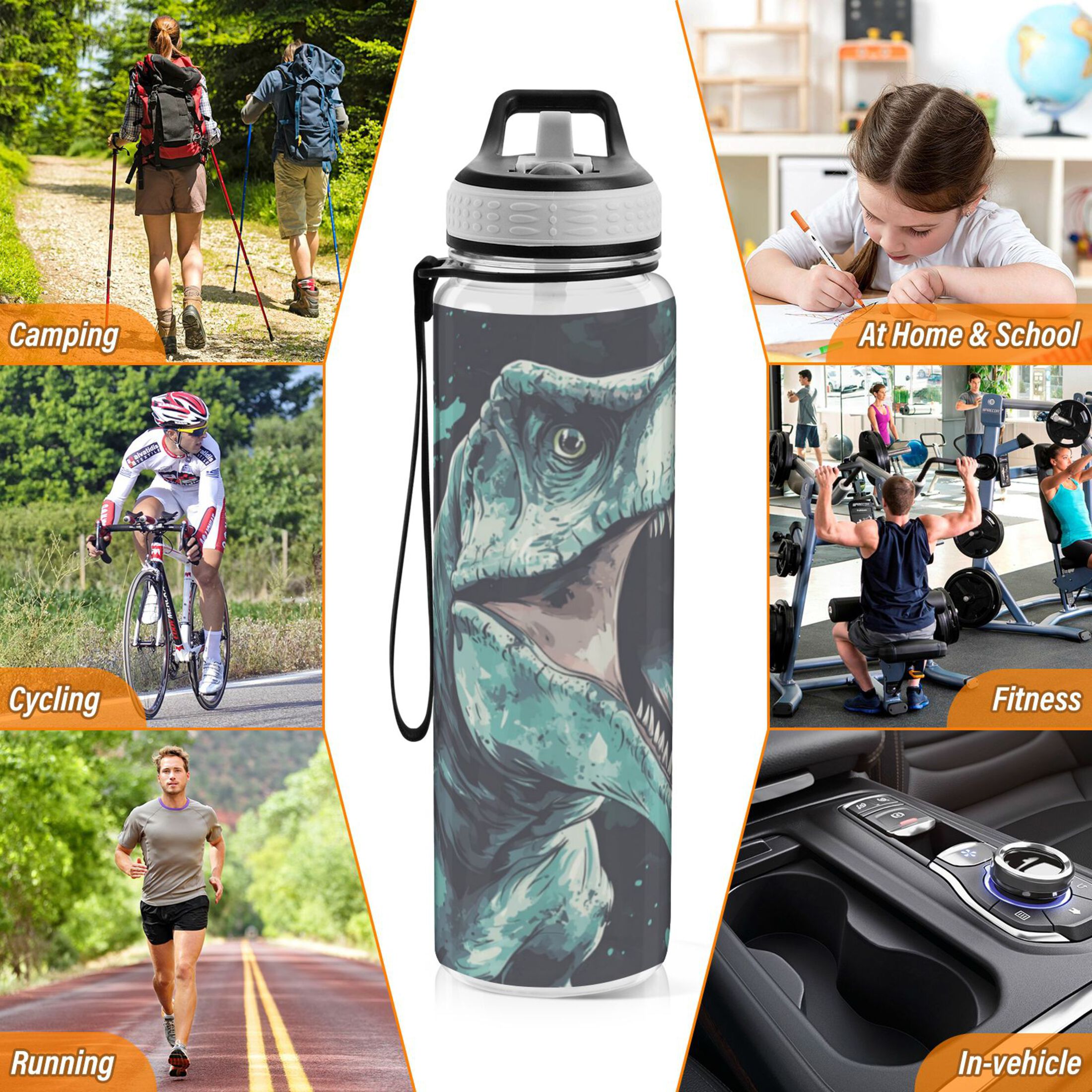 Qxltty Tyrannosaurus Rex Water Bottle 32 oz with Straw BPA Free Reusable Fitness Sport Bottle Perfect for Travel School Outdoors and Gym