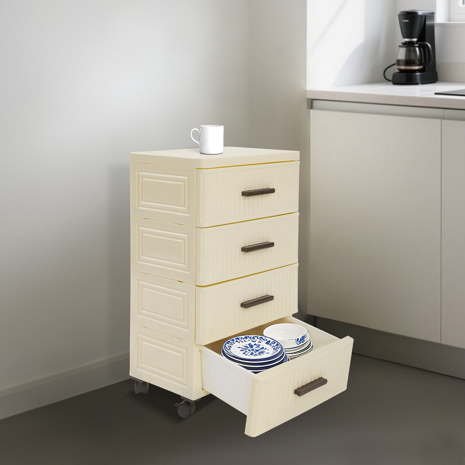 4 Tier Drawer Storage Organizer Drawers 4 Universal Wheels Storage Cabinet
