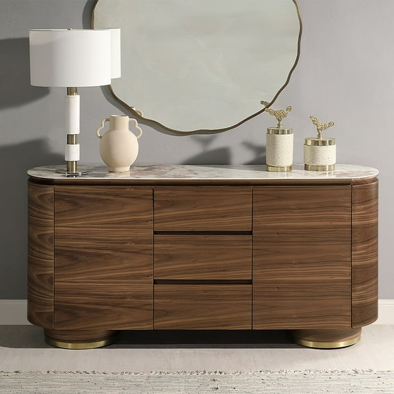 ACME Willene Contemporary Wood Server with Ceramic Top in Walnut/White