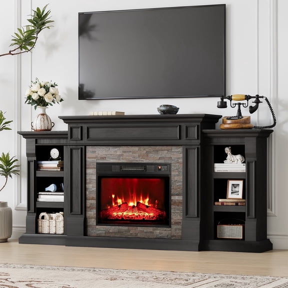 LGHM 72" Electric Fireplace TV Stand for 80 inch TV, Freestanding 23" Fireplace Heater with Mantel for Living Room, Bedroom, Black