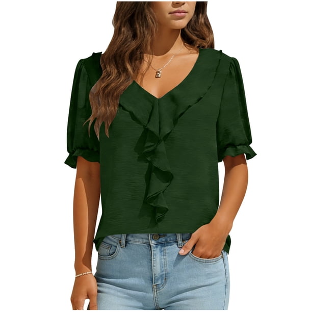 Camisas de Manga Corta para las Mujeres Blusa de Suéter de Cuello en V Casual para las Mujeres, Top de Estiramiento Suave para Uso Diario Y de Fiesta