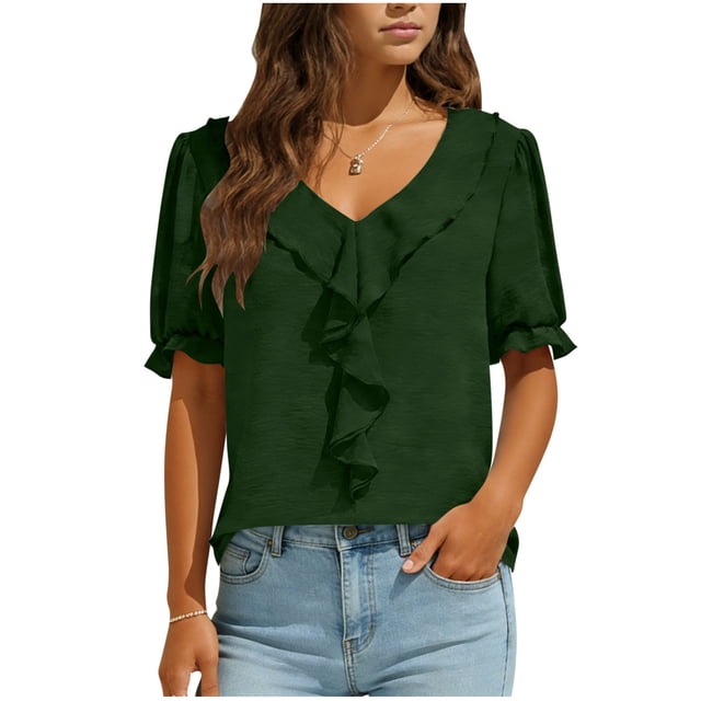Camisas de Manga Corta para las Mujeres Blusa de Suéter de Cuello en V Casual para las Mujeres, Top de Estiramiento Suave para Uso Diario Y de Fiesta