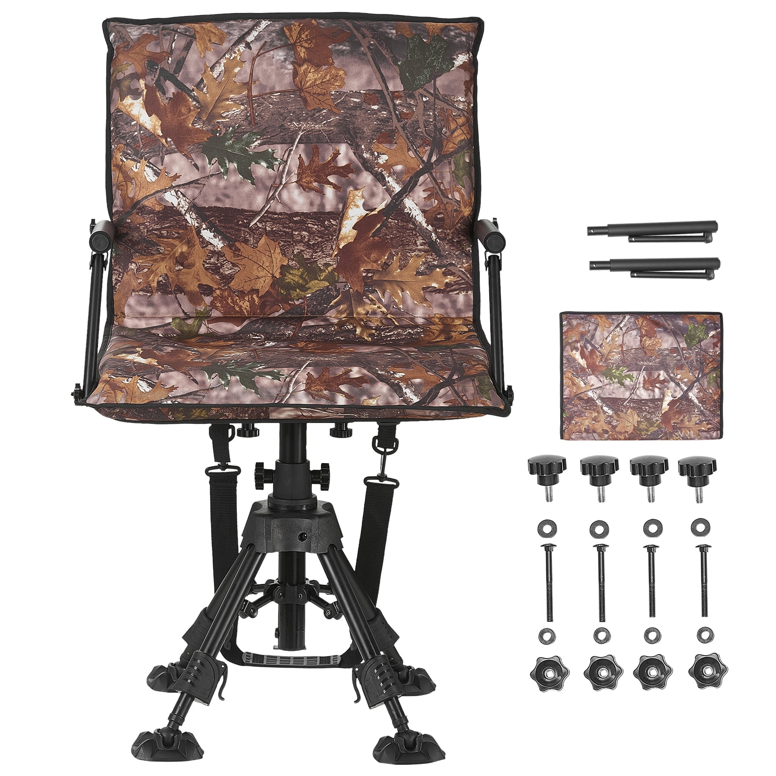 KFFKFF Hunting Chair with 360° Quiet Rotation Foldable Design Portable Blind Seat Durable Steel Frame Armrests Protective Cover Anti-Sink Feet Adjustable Height 350 Lbs Weight Limit