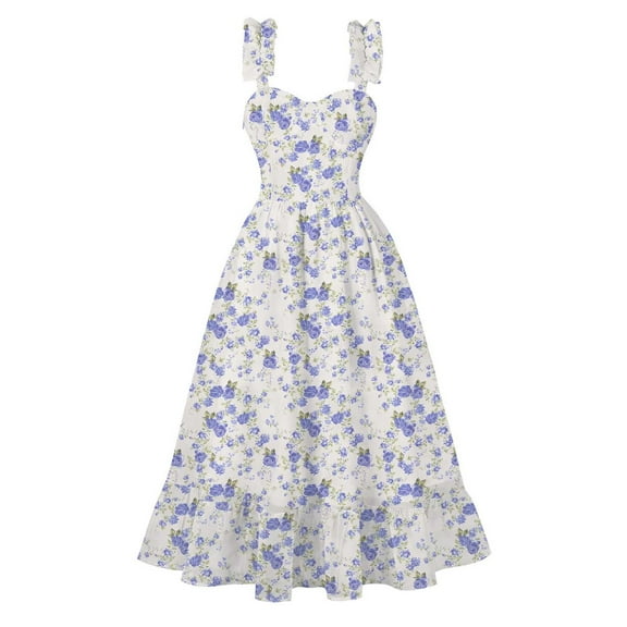 Youyipin womens dresses Summer Dress for Women flower print Sun Dress Spaghetti Straps Sweetheart Neckline Ruffle Midi Chiffon Dress Backless