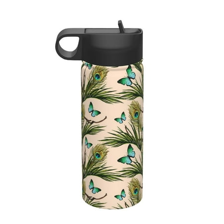 

Qekee Butterflies And Peacock Feathers Print 18OZ Sports Insulated Kettle Coffee Mug Travel Tea Mug Thermos Cup 18 Stainless Steel Water Bottle For Running Hiking Cycling