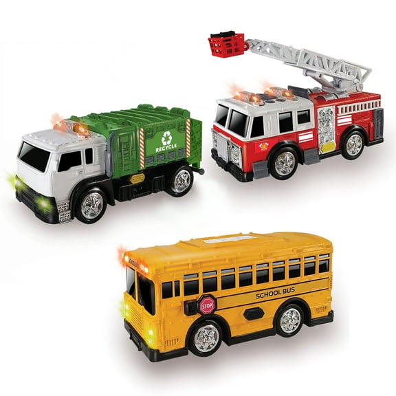 Adventure Force Light & Sound Mini City Service Vehicles, 3 Pack, School Bus, Fire Truck and Recycling Truck