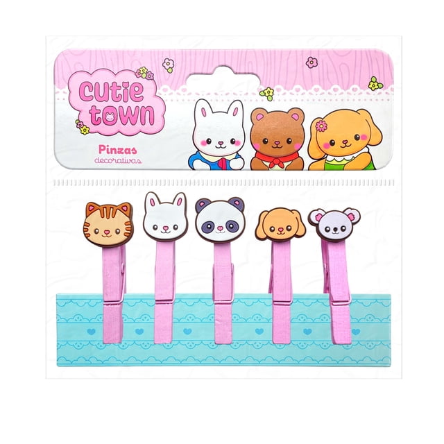 Pinzas Decorativas Prichos Cutie Town Madera y Cartón 1 Paquete con 5 Piezas