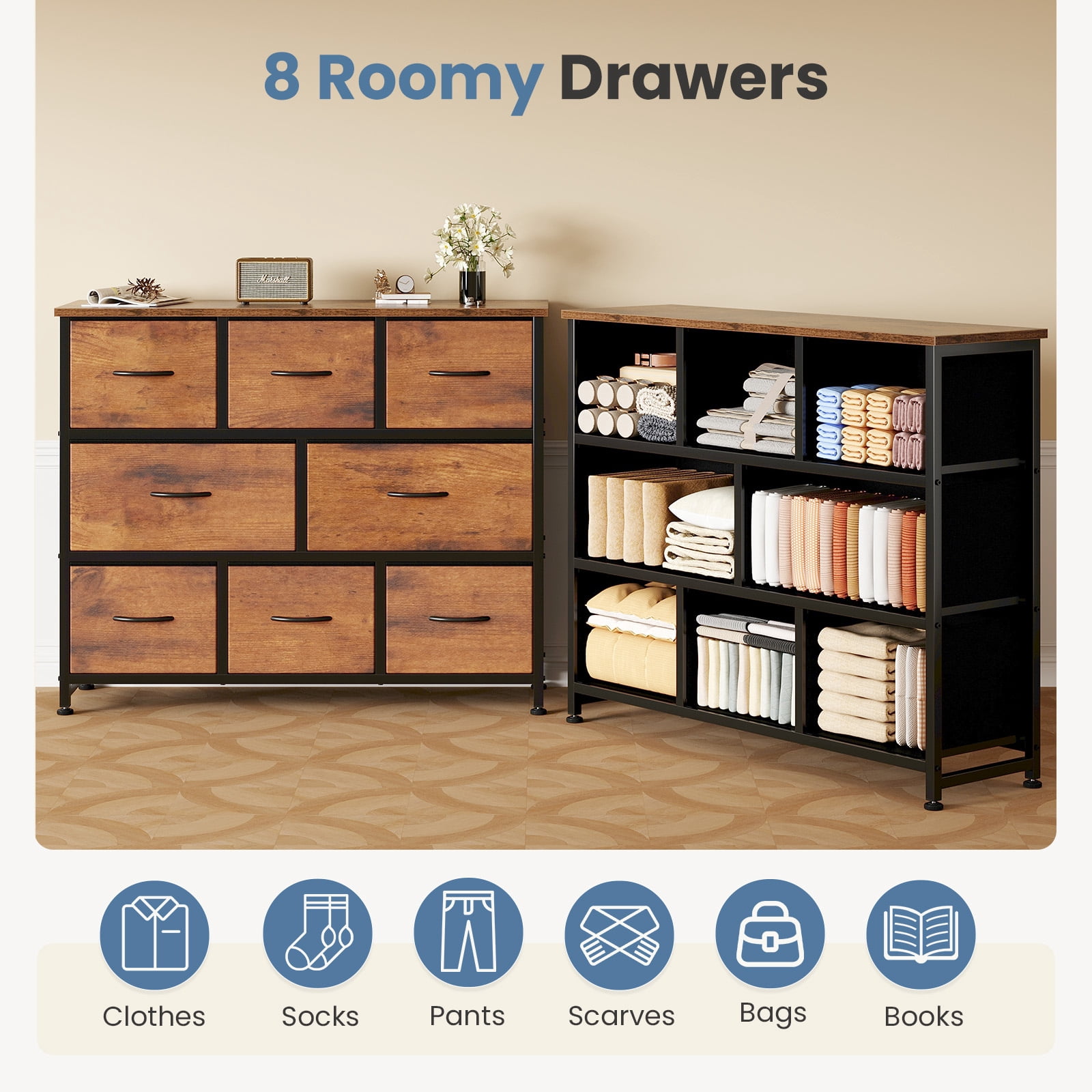CONCETTA 8 Drawer Fabric Chest，Dresser for Bedroom, Wide Storage Tower for Closet, Living Room, Hallway, Rustic Brown