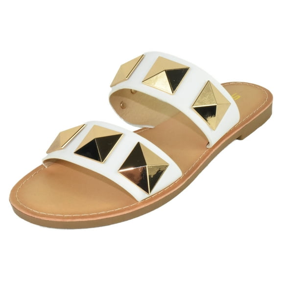 Soda Shoes Women's Sandals Double Strap Flip Flops Slides Large Gold Studded CETUS-S White 6.5