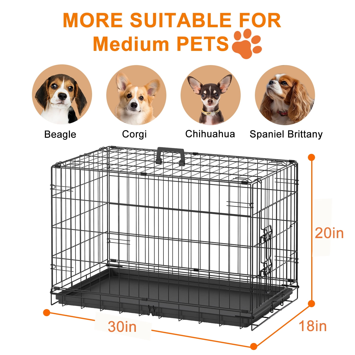 FDW 30 inch Dog Crate Pet Cage with Metal Folding Design Plastic Tray Indoor Outdoor Dog Kennel Cage for Small and Medium Dogs,Black
