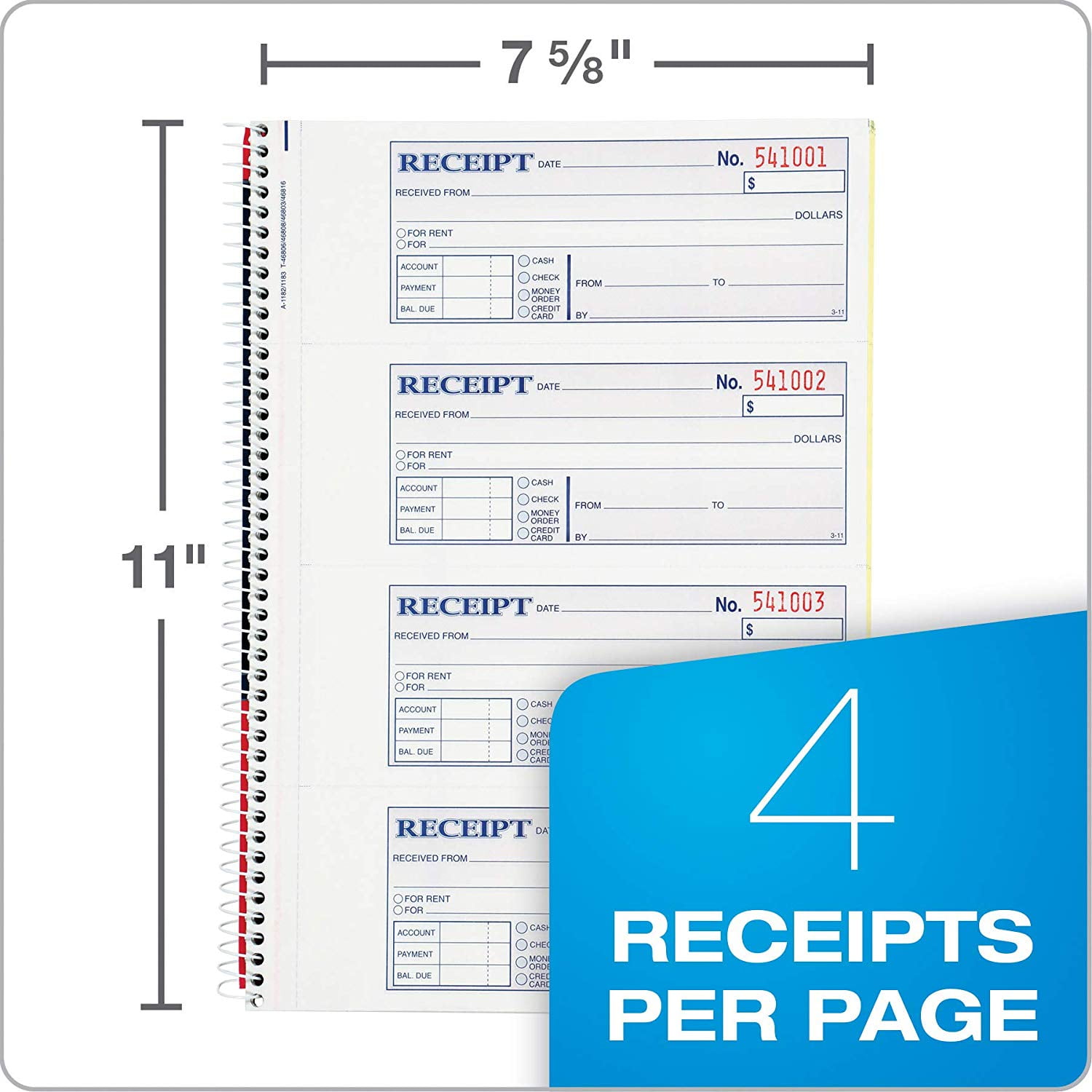 Pack of 12 SC1182 2-Part Carbonless 7-5//8 x 11 4 Receipts per Page AdamsMoney and Rent Receipt Book Spiral Bound 200 Sets per Book
